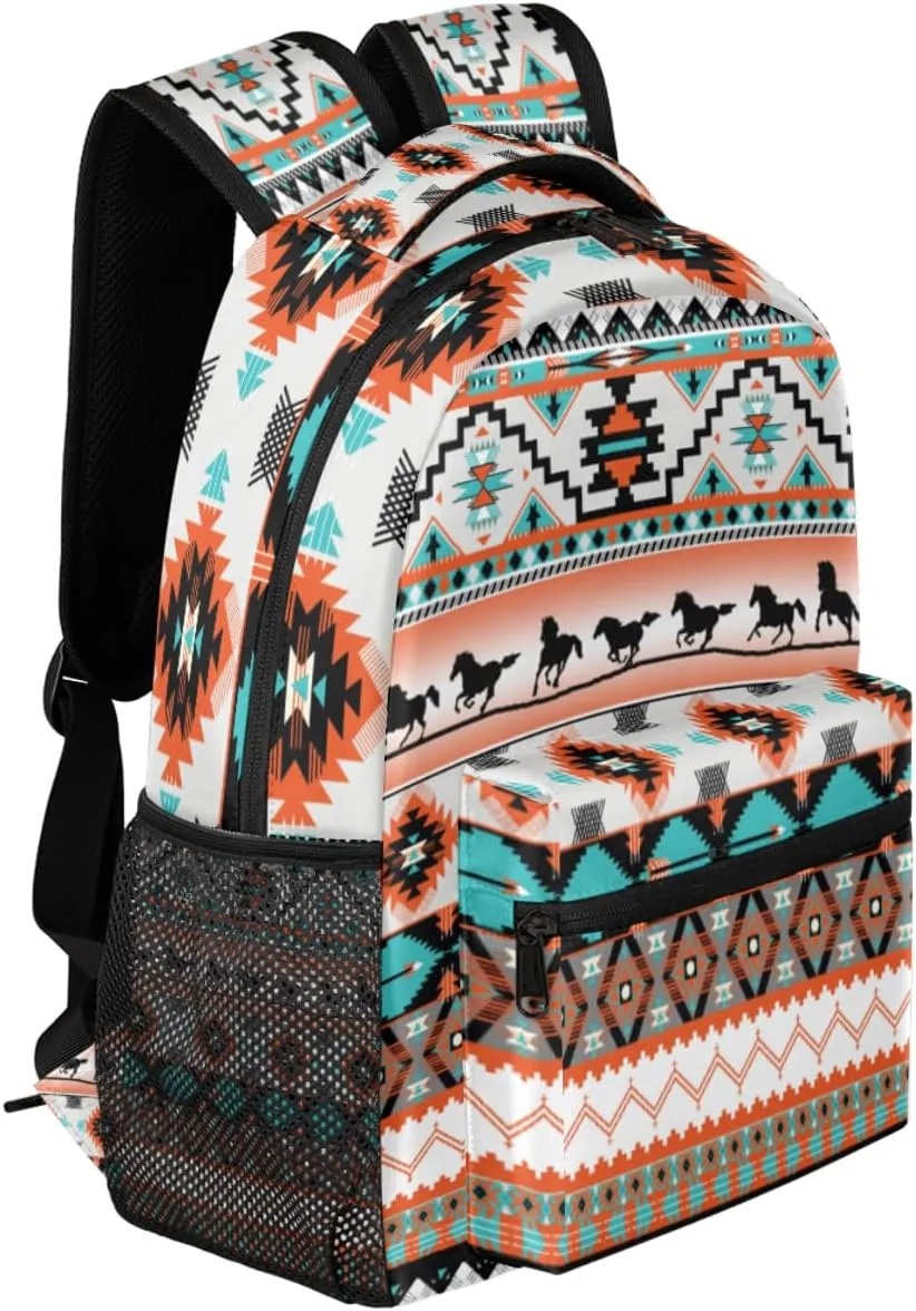 Aztec Backpack for School, Ethnic Western Style Running Horse Laptop Backpack Water Resistant Bookbag for Casual Travel Hiking Camping Outdoor Daypack Shoulder Bag for Teenager Boys Girls Kids