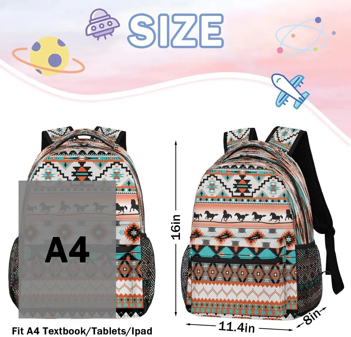 Aztec Backpack for School, Ethnic Western Style Running Horse Laptop Backpack Water Resistant Bookbag for Casual Travel Hiking Camping Outdoor Daypack Shoulder Bag for Teenager Boys Girls Kids
