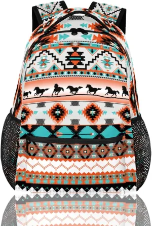 Aztec Backpack for School, Ethnic Western Style Running Horse Laptop Backpack Water Resistant Bookbag for Casual Travel Hiking Camping Outdoor Daypack Shoulder Bag for Teenager Boys Girls Kids
