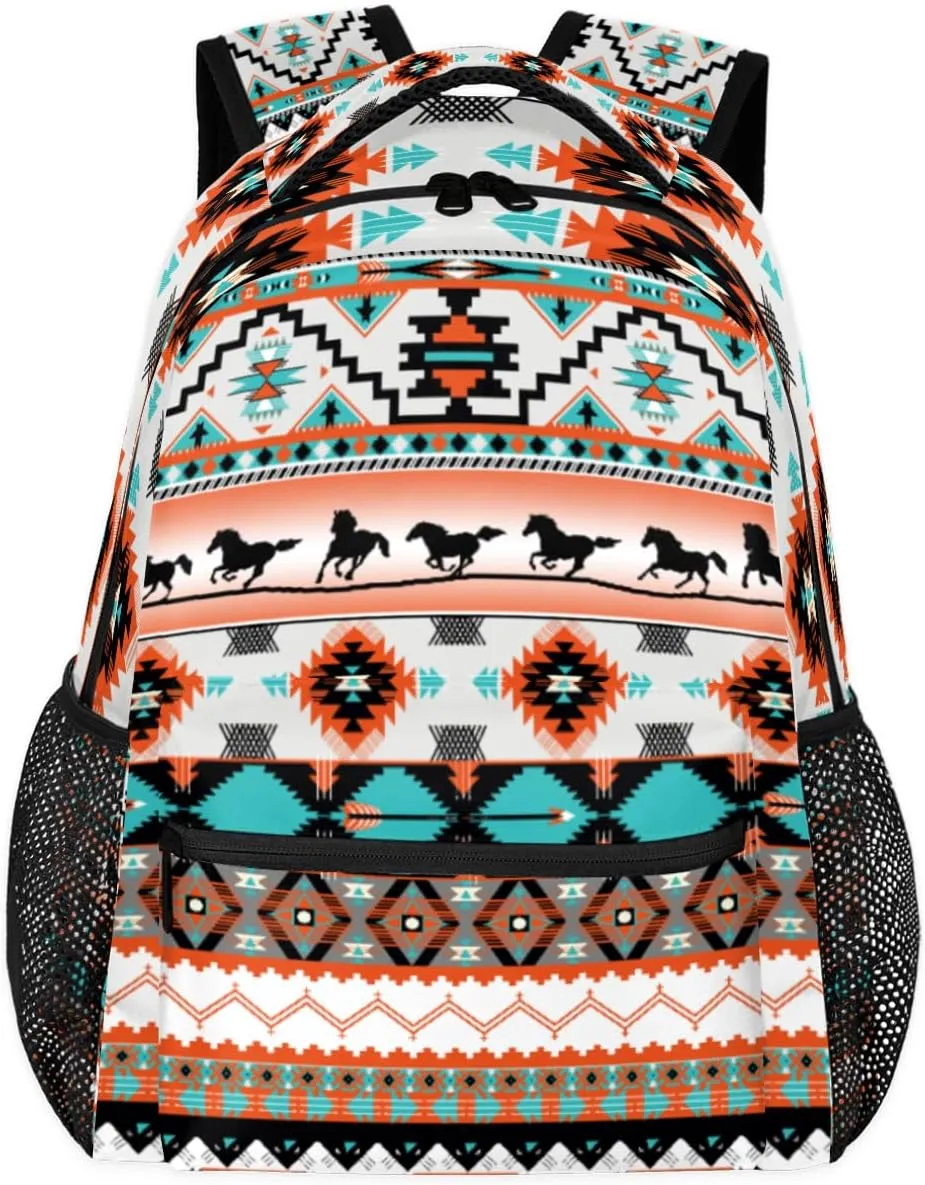 Aztec Backpack for School, Ethnic Western Style Running Horse Laptop Backpack Water Resistant Bookbag for Casual Travel Hiking Camping Outdoor Daypack Shoulder Bag for Teenager Boys Girls Kids