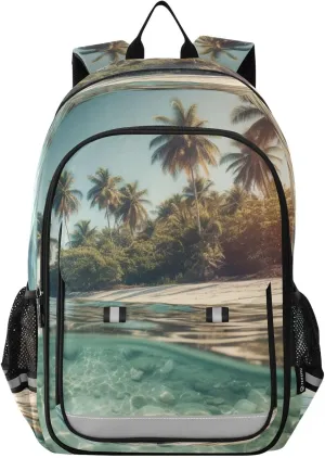 Backpack Coastline Beach Water Palm Travel Laptop Daypack Shoulder Bag Book Bag Daypack with Reflective Strip 12.9 ×17.7 In