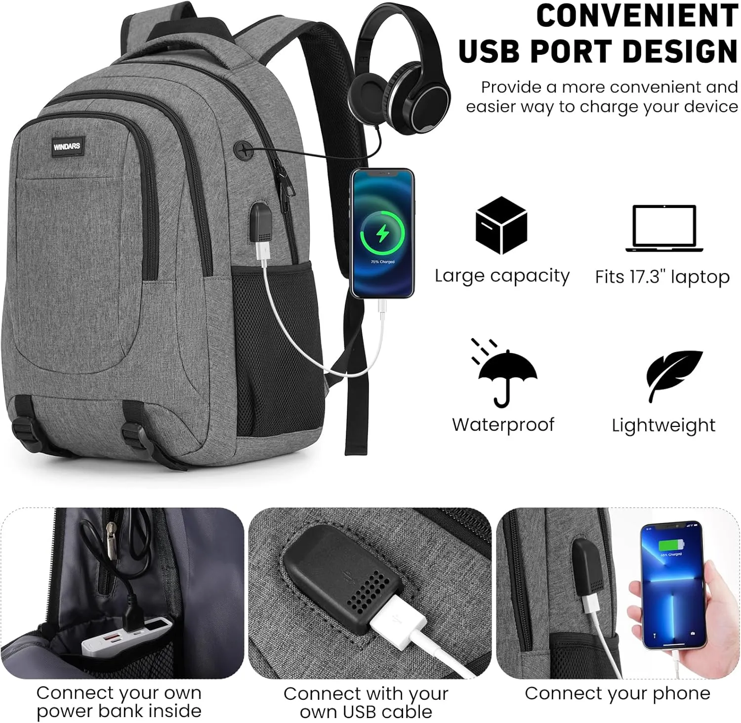 Backpack for Men and Women, School Backpacks for Teens Boys, 17.3 Inch Large College Bookbag Durable Computer Laptop Bag with USB Charger Port for Business Work Travel, Dark Gray