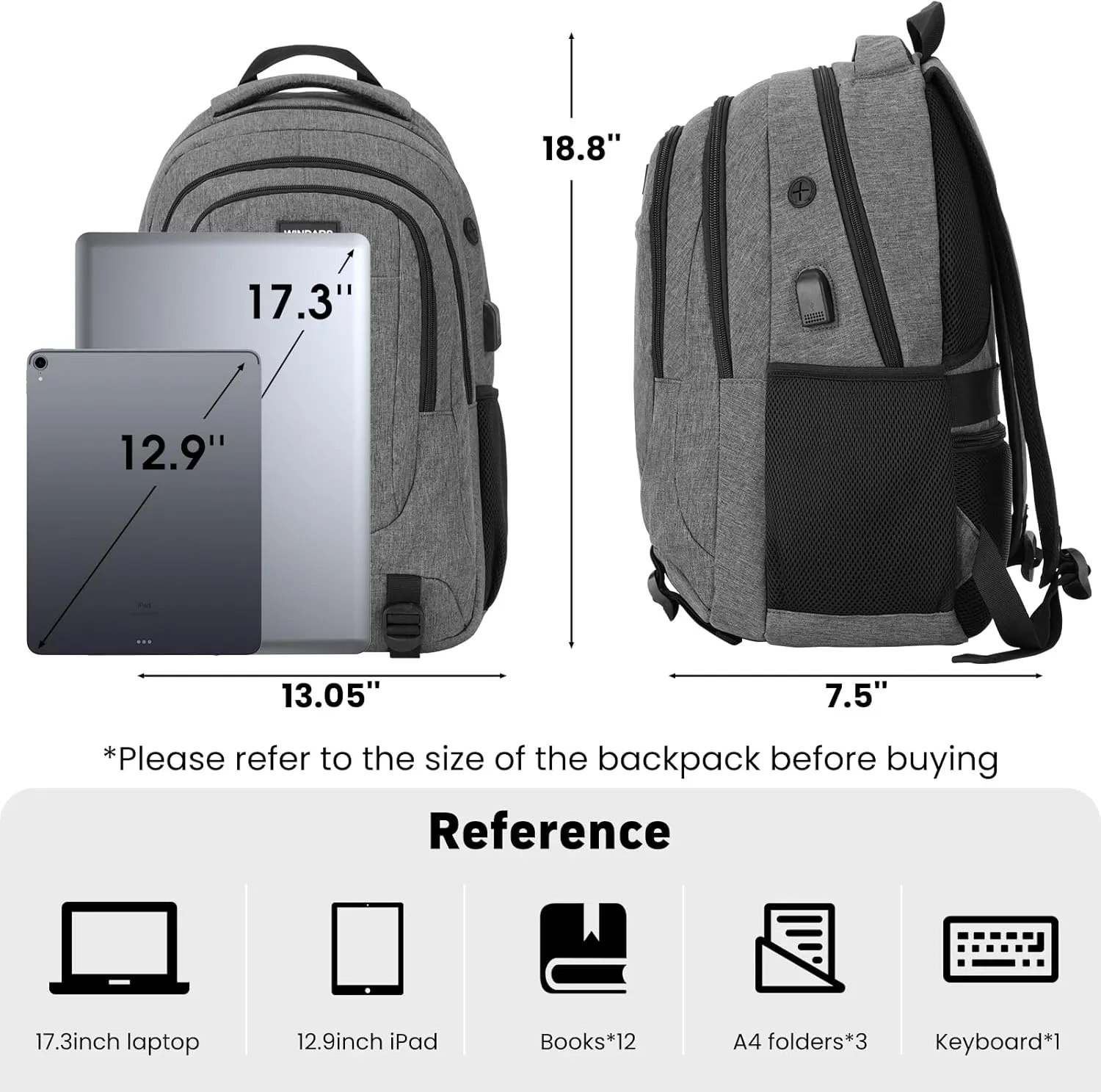 Backpack for Men and Women, School Backpacks for Teens Boys, 17.3 Inch Large College Bookbag Durable Computer Laptop Bag with USB Charger Port for Business Work Travel, Dark Gray