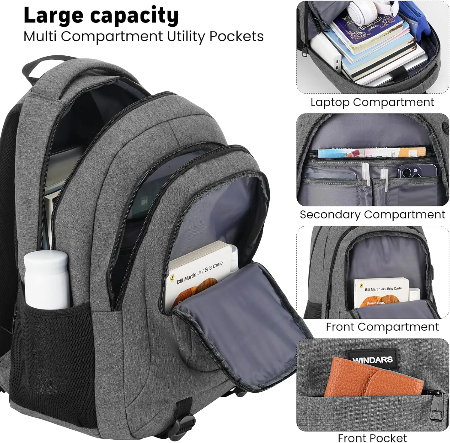 Backpack for Men and Women, School Backpacks for Teens Boys, 17.3 Inch Large College Bookbag Durable Computer Laptop Bag with USB Charger Port for Business Work Travel, Dark Gray