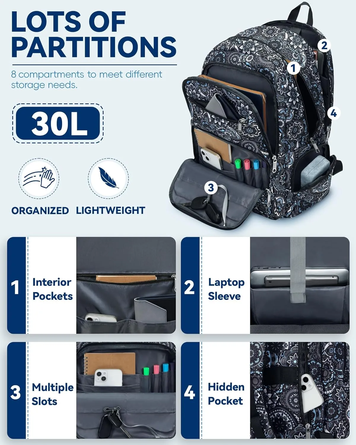Backpack for Women Work Commuter Bag with Laptop Compartment Lightweight Teacher Nurse Backpack College Campus Essentials Extra Large Weekender Bag Aesthetic Paisley Print Mochila De Viaje Para Mujer