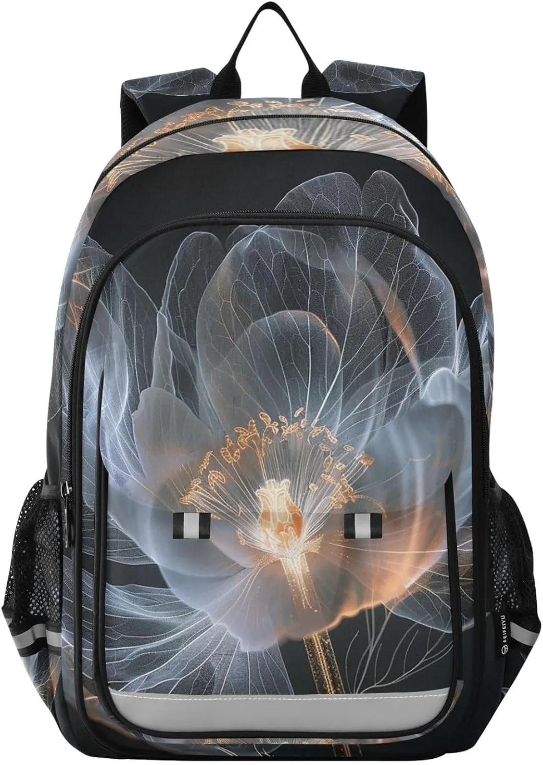 Backpack Perspective Black White Floral Travel Laptop Daypack Shoulder Bag Book Bag Daypack with Reflective Strip 12.9 ×17.7 In