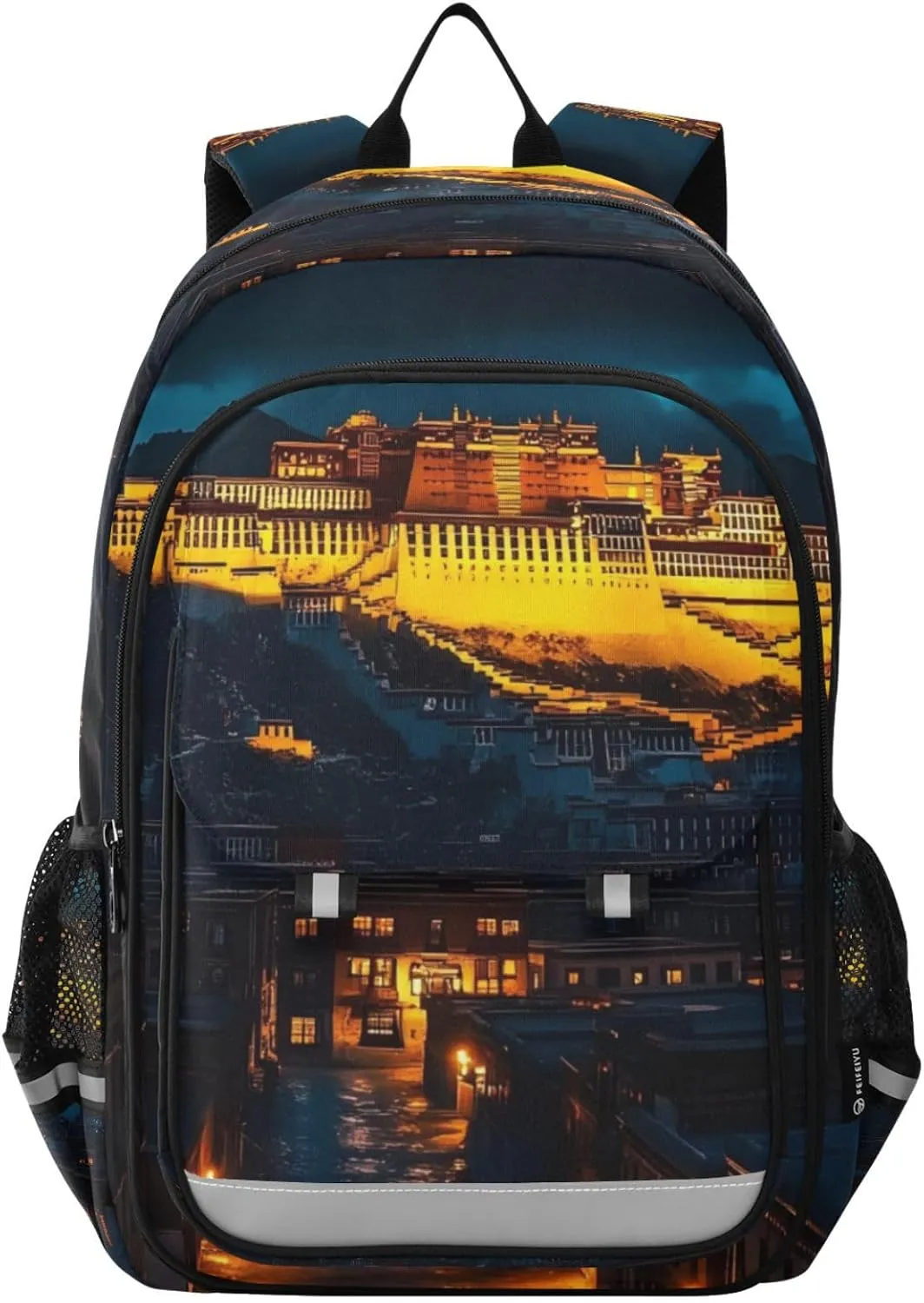 Backpack Potala Palace Night Travel Laptop Daypack Shoulder Bag Book Bag Daypack with Reflective Strip 12.9 ×17.7 In