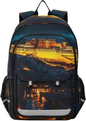 Backpack Potala Palace Night Travel Laptop Daypack Shoulder Bag Book Bag Daypack with Reflective Strip 12.9 ×17.7 In