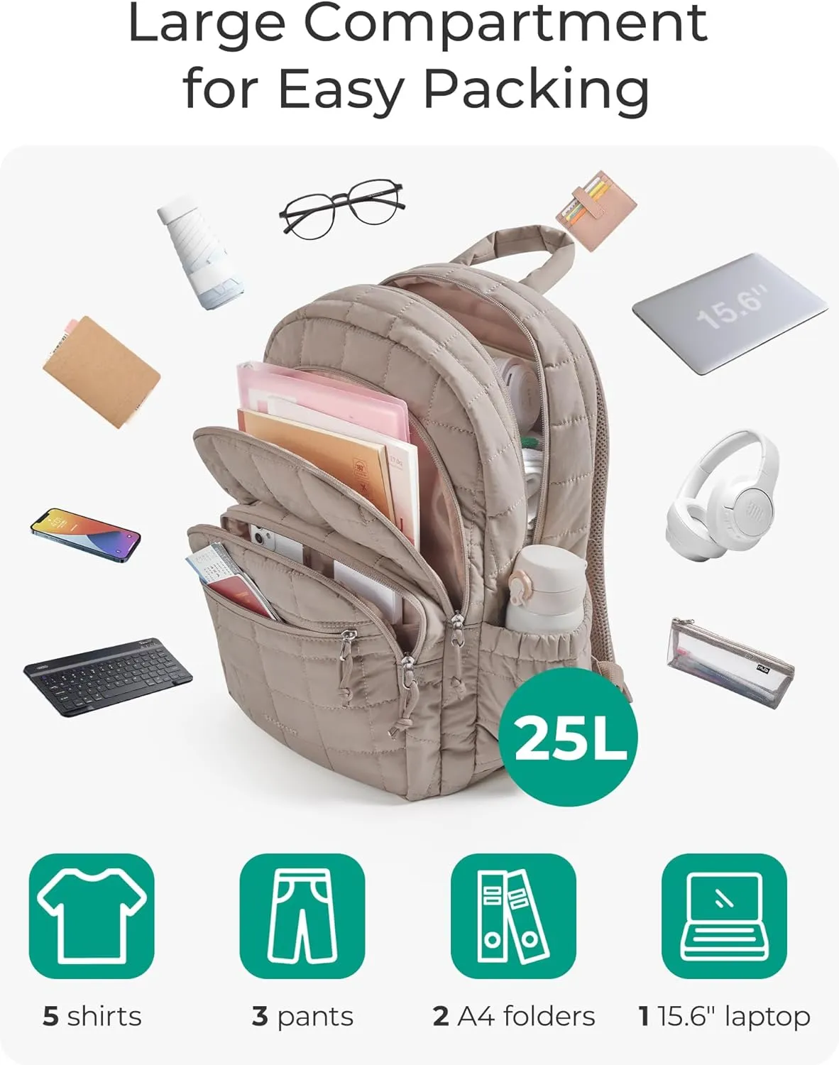 BAGSMART College Laptop Backpack, Travel Backpack for Women, Quilted Casual Daypack, Water-Resistant Bookbag for 15.6 Inch Laptop, Camel