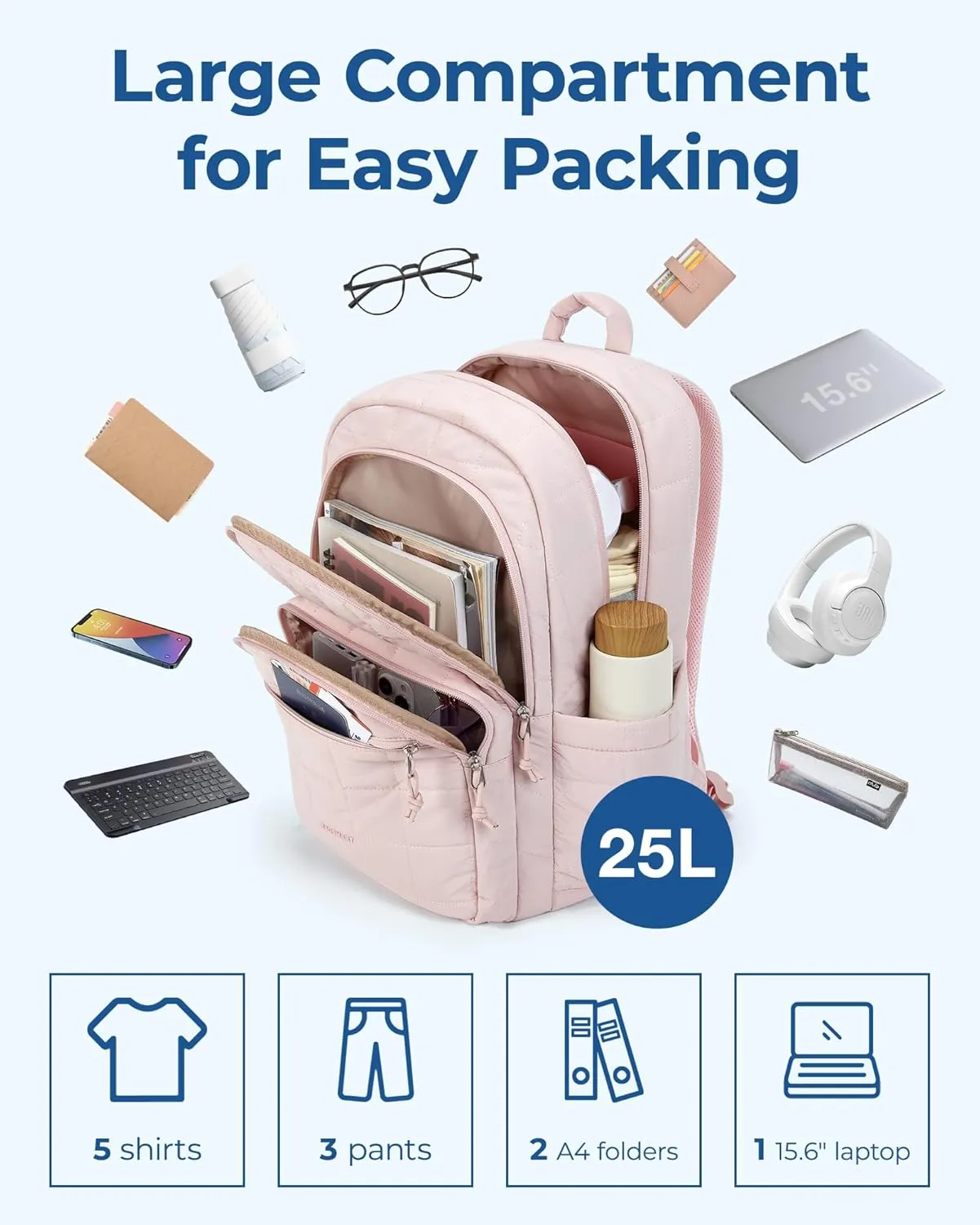 BAGSMART College Laptop Backpack, Travel Laptop Backpack for Women, Quilted Casual Daypack, Water-Resistant Bookbag for 15.6 Inch Laptop, Pink