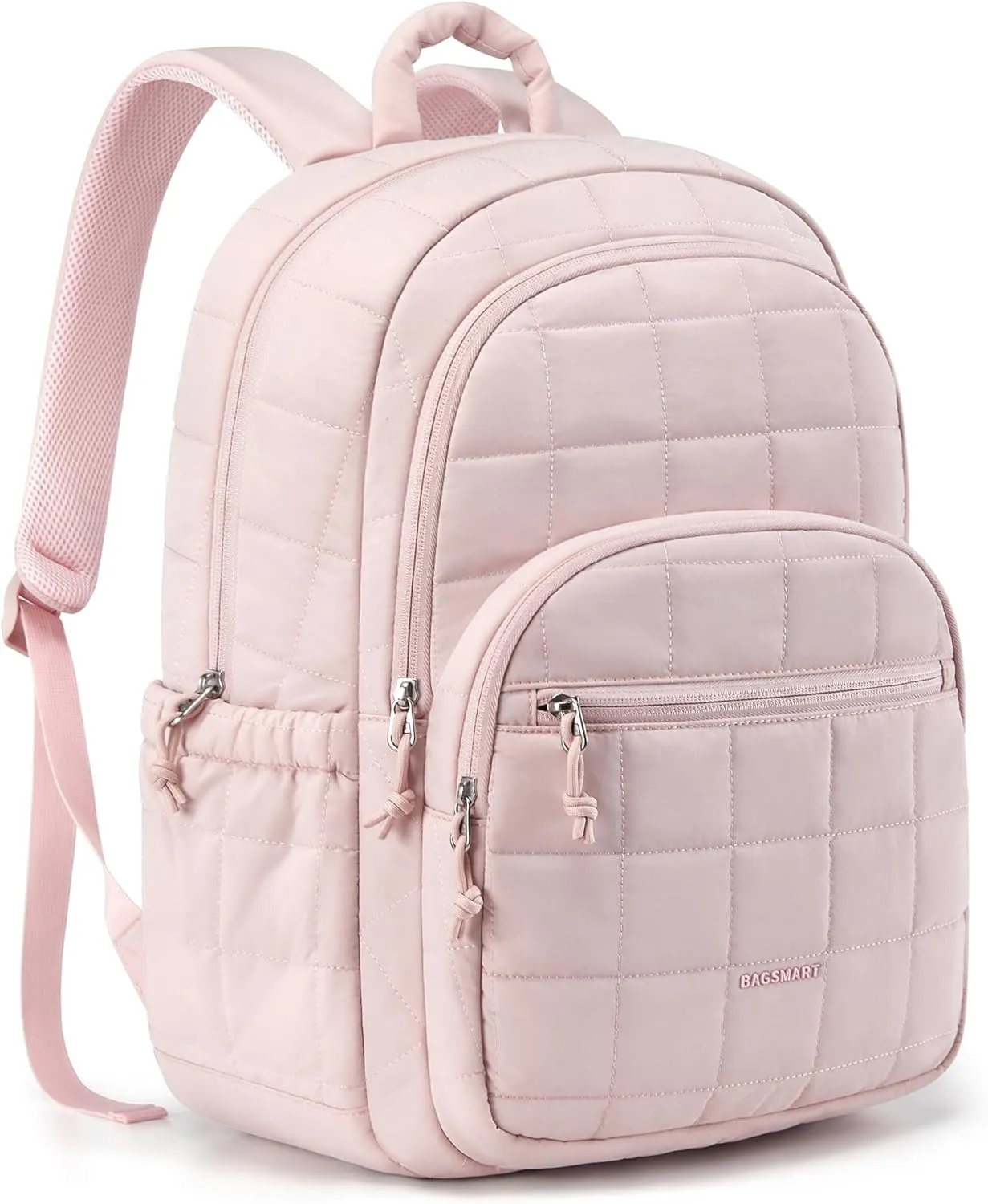 BAGSMART College Laptop Backpack, Travel Laptop Backpack for Women, Quilted Casual Daypack, Water-Resistant Bookbag for 15.6 Inch Laptop, Pink