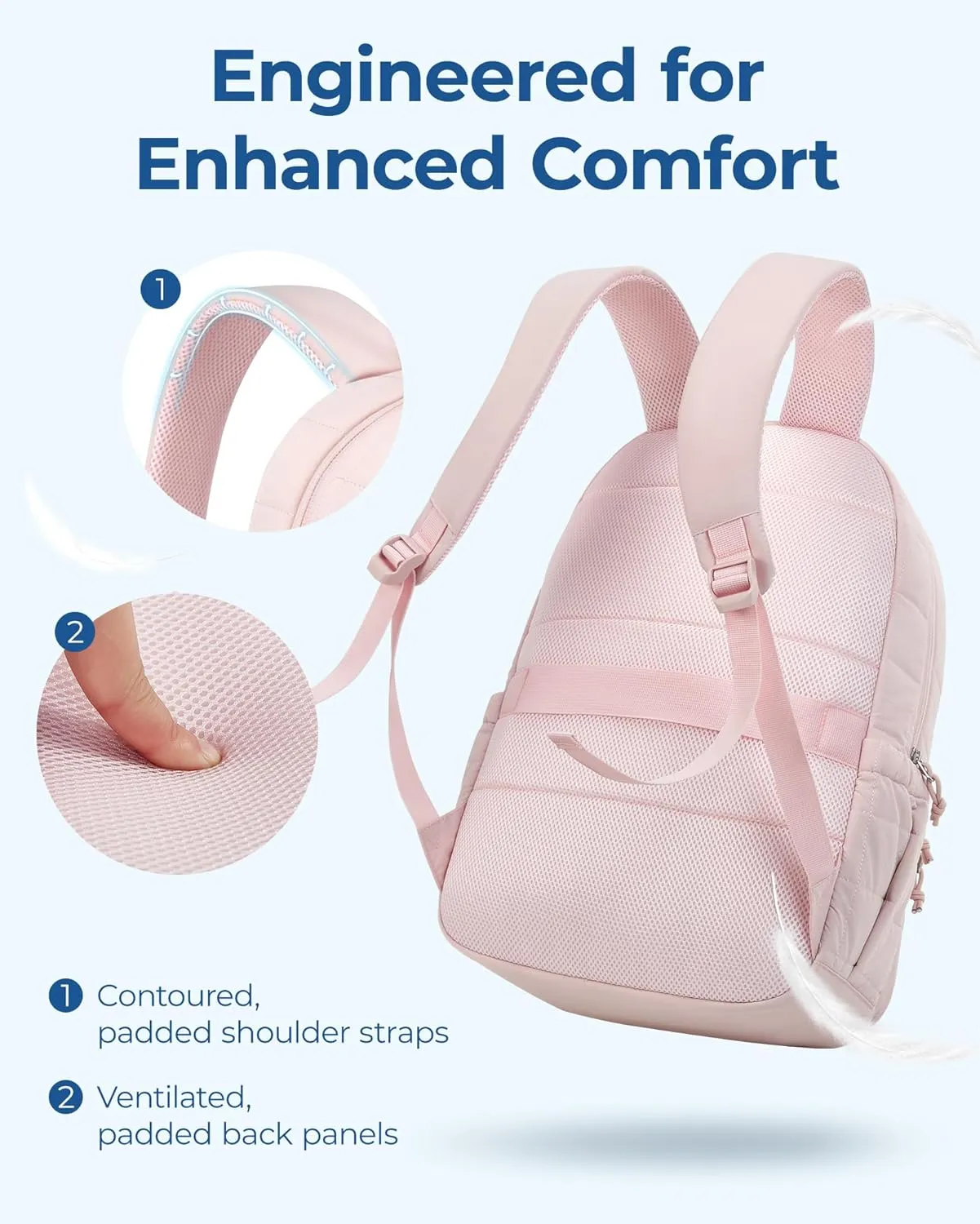BAGSMART College Laptop Backpack, Travel Laptop Backpack for Women, Quilted Casual Daypack, Water-Resistant Bookbag for 15.6 Inch Laptop, Pink