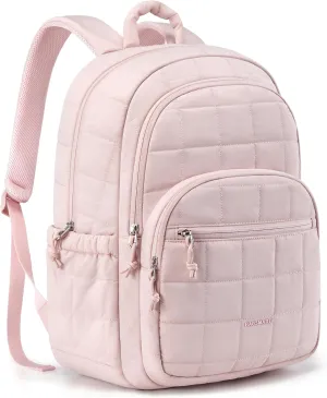 BAGSMART College Laptop Backpack, Travel Laptop Backpack for Women, Quilted Casual Daypack, Water-Resistant Bookbag for 15.6 Inch Laptop, Pink