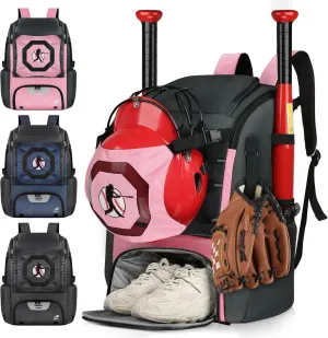 Baseball Bag for Youth Adults Baseball Backpack Softball Bat Bag Baseball T-Ball Equipment Bag with Shoes Compartment, Fence Hook, Holds Bat Helmet Glove, Lightweight Waterproof,Pink