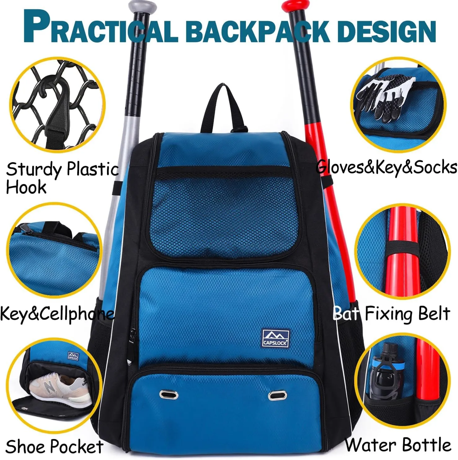 Baseball Bat Bag Backpack,T-Ball & Softball Bat Bag with Shoes Compartment for Youth and Adult, Lightweight Baseball Bag with Fence Hook Hold Bat, Batting Mitten, Helmet, Caps, Teeball Gear