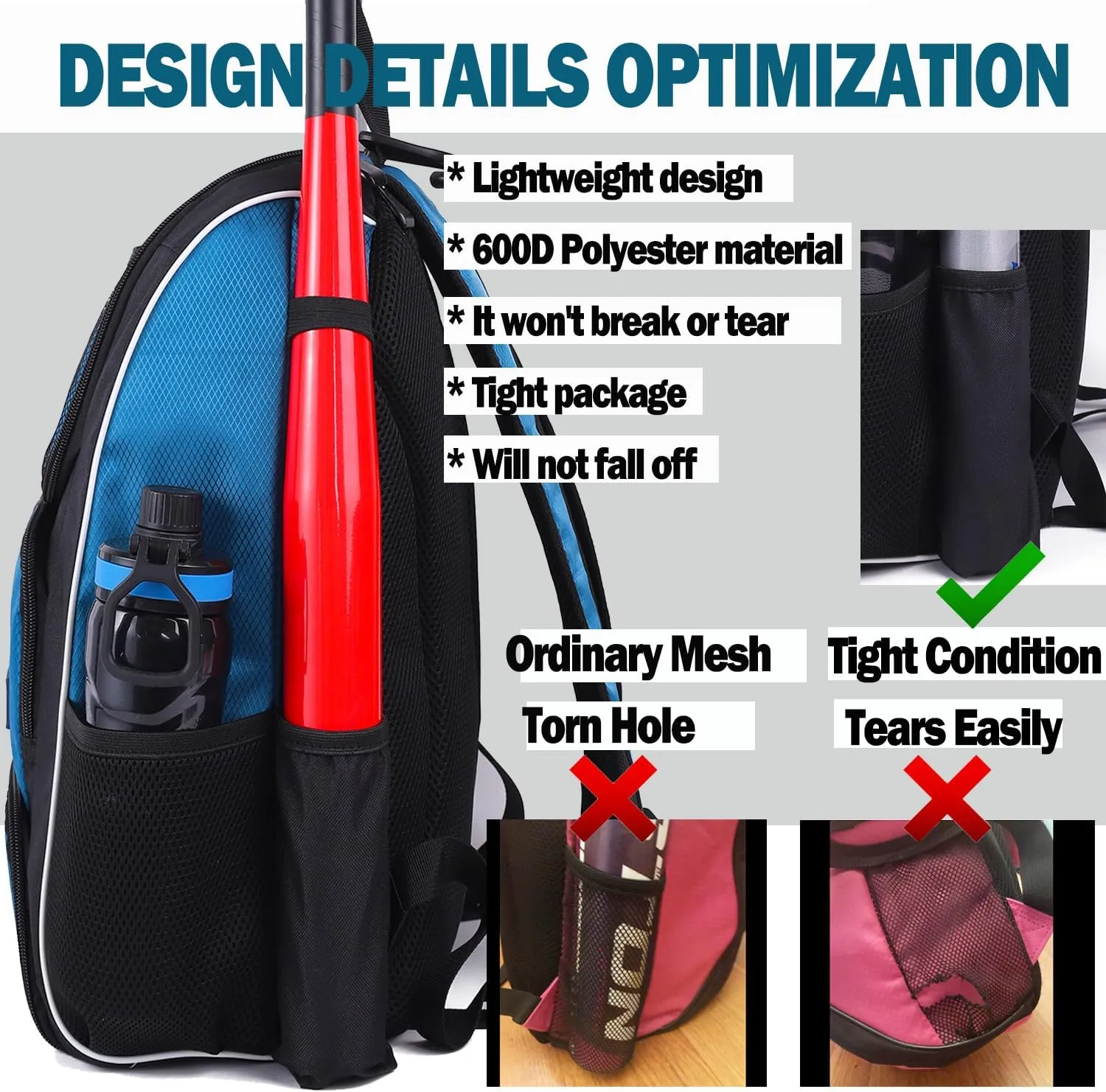 Baseball Bat Bag Backpack,T-Ball & Softball Bat Bag with Shoes Compartment for Youth and Adult, Lightweight Baseball Bag with Fence Hook Hold Bat, Batting Mitten, Helmet, Caps, Teeball Gear