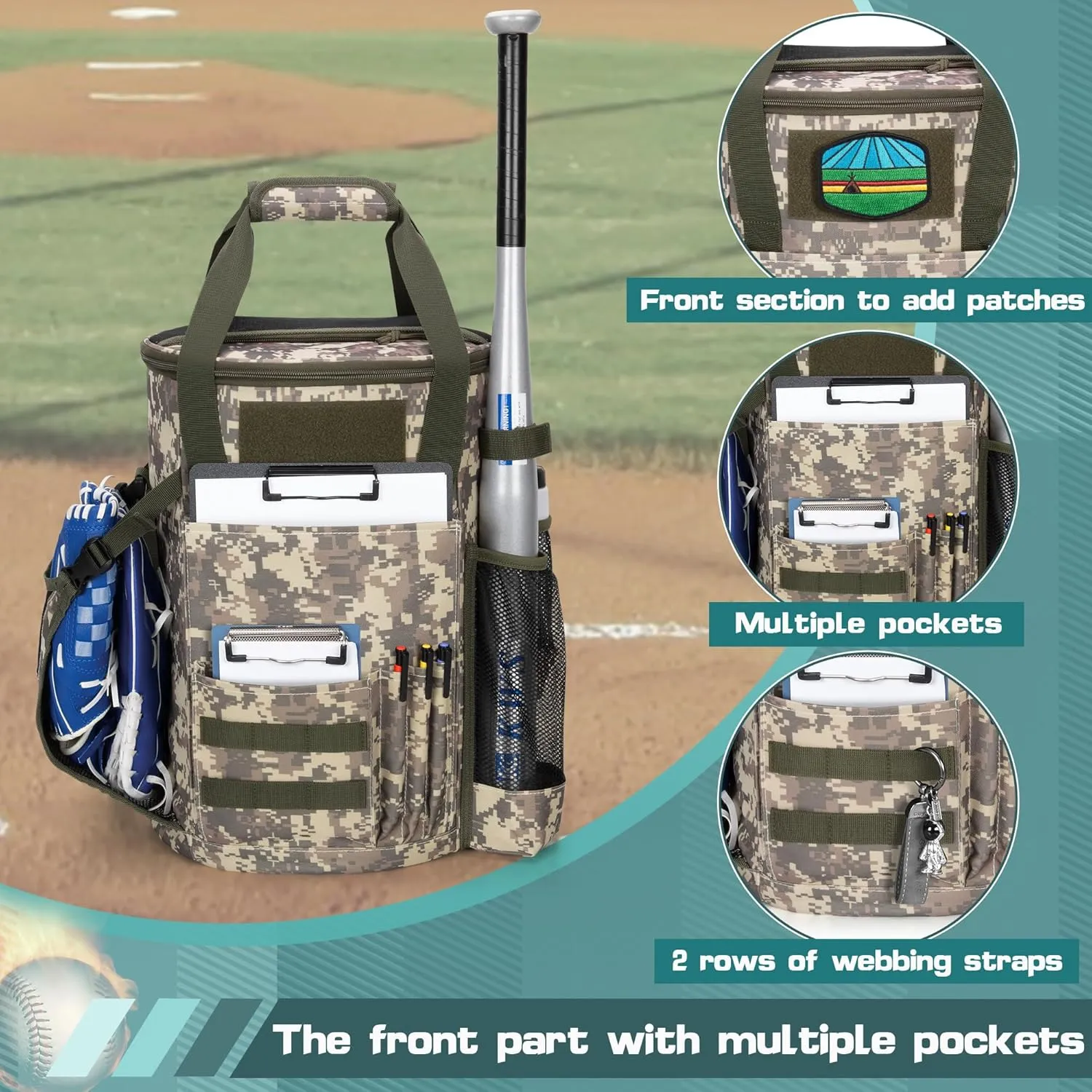 Baseball Coaches Bag Fits 6 Gallon Ball Bucket, Baseball Bucket Bag with Backpack and Shoulder Straps