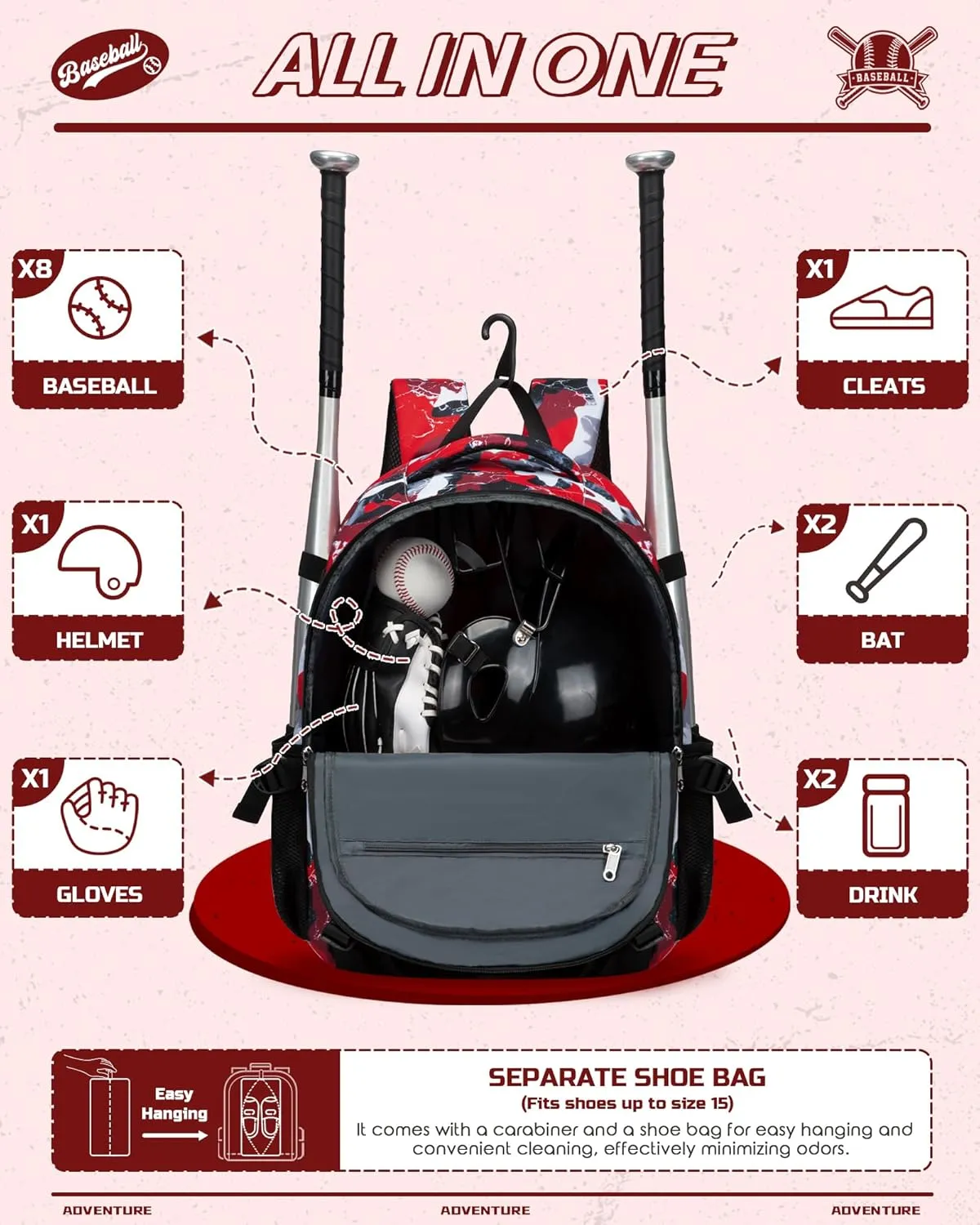 Baseball Softball Backpack for Kids Boys Girls 6-8 8-12 12-14 Large Youth Bat Bag for Gear Storage Baseball Softball Tball Equipment Back Pack with Separate Shoe Bag