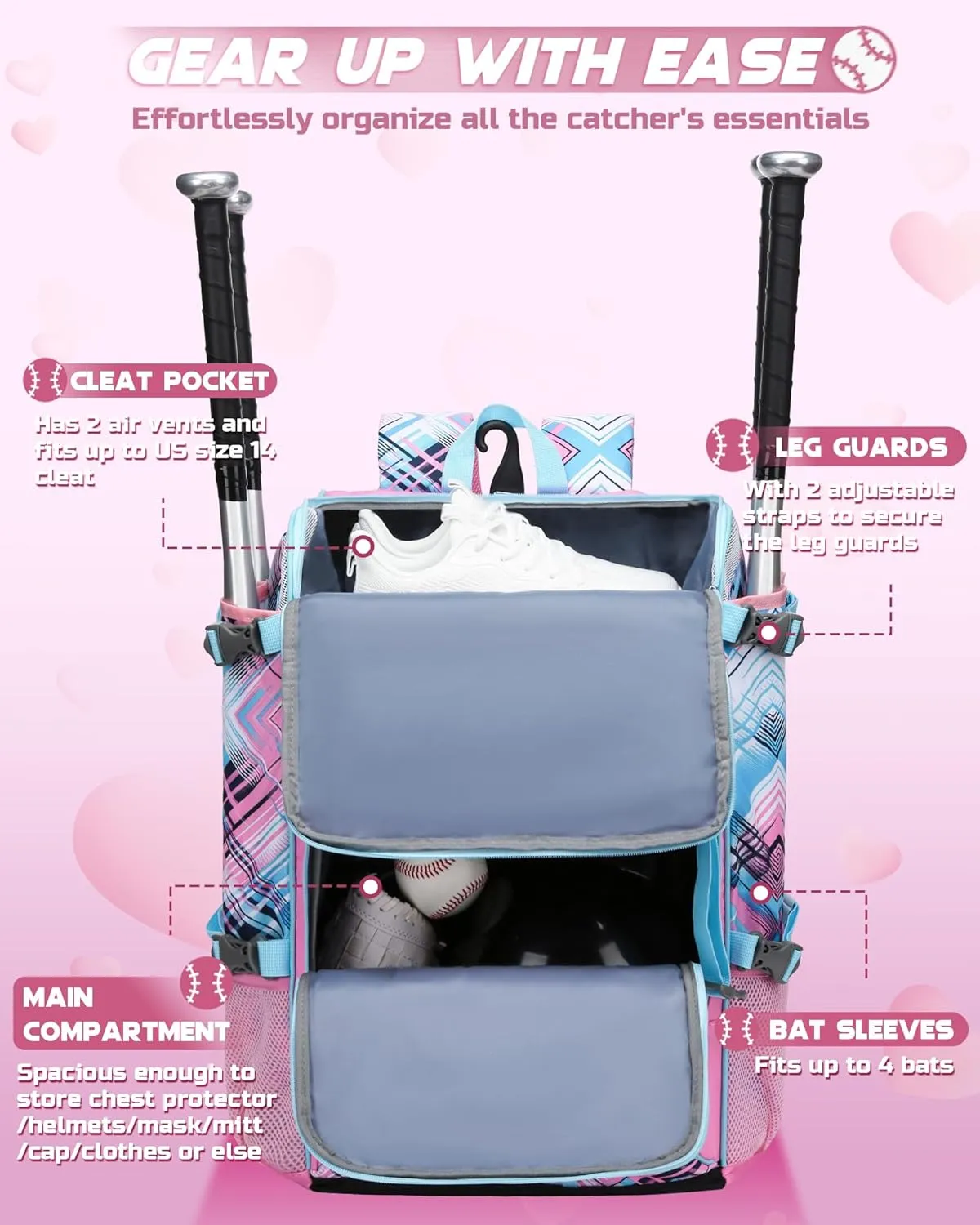 Baseball Softball Catchers Gear Bag for Helmet Chest Protector Leg Guards Cleats Large Baseball Softball Bat Backpack for Boys Girls Catchers Equipment Bag for Youth Adult