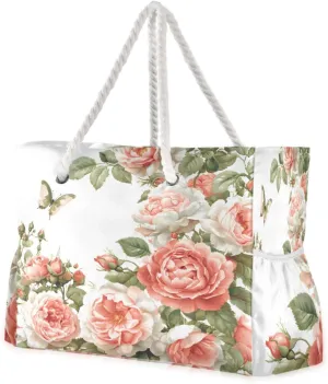 Beach Bag - Large Tote Bags for Women Coral Flower Pink Butterfly Pattern Shoulder Bags Zipper Waterproof Sandproof for Travel Gym Swim Daily