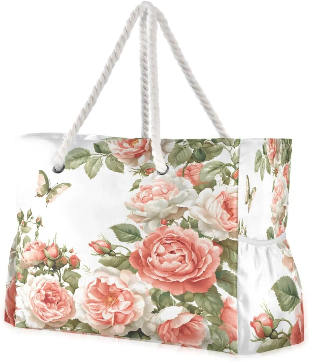 Beach Bag - Large Tote Bags for Women Coral Flower Pink Butterfly Pattern Shoulder Bags Zipper Waterproof Sandproof for Travel Gym Swim Daily