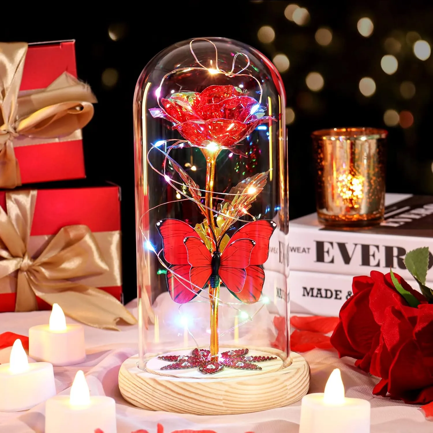 Beferr Galaxy Glass Rose Birthday Gifts for Women, Mothers Day Flowers for Mom Grandma, Eternal Crystal Roses for Her Wife Artificial Forever Preserved Flowers for Delivery Prime Rose in Dome, Red