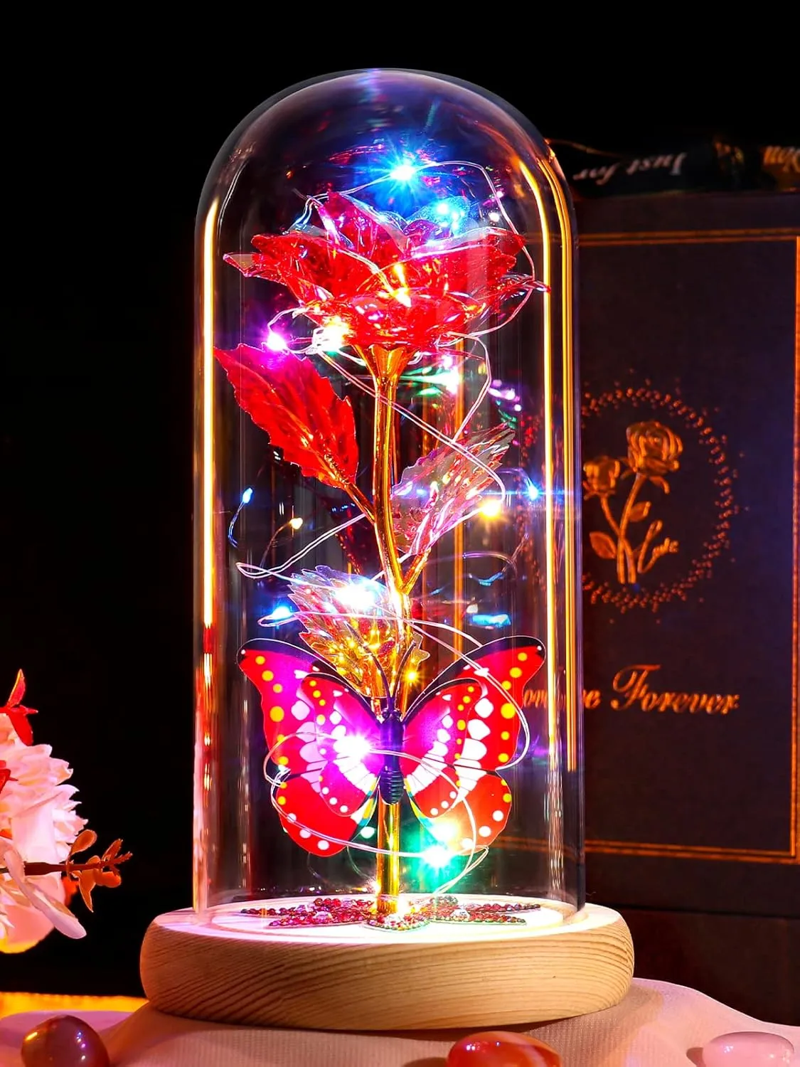 Beferr Galaxy Glass Rose Birthday Gifts for Women, Mothers Day Flowers for Mom Grandma, Eternal Crystal Roses for Her Wife Artificial Forever Preserved Flowers for Delivery Prime Rose in Dome, Red