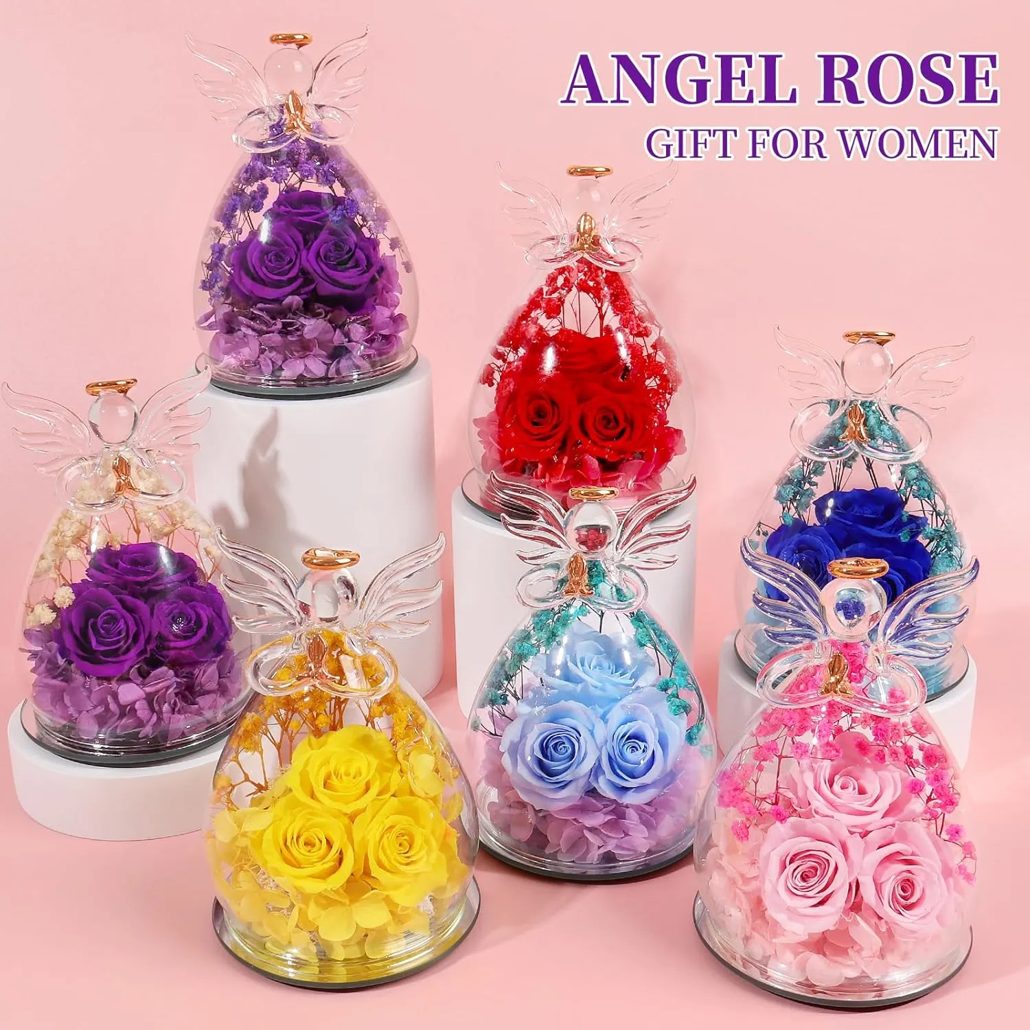 Beferr Mothers Day Birthday Gifts for Mom Fresh Flowers for Delivery Prime Forever Preserved Rose in Glass Angel Figurine Gifts for Women Purple Roses Gifts for Grandma Wife Daughter