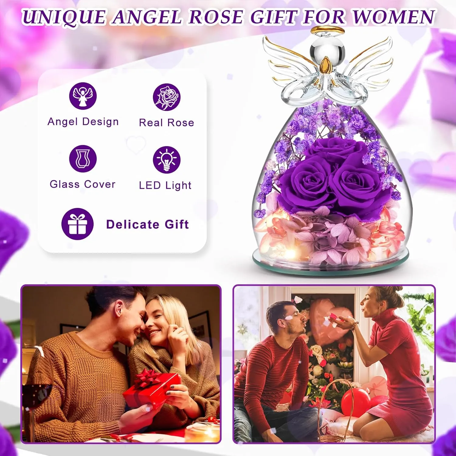 Beferr Mothers Day Birthday Gifts for Mom Fresh Flowers for Delivery Prime Forever Preserved Rose in Glass Angel Figurine Gifts for Women Purple Roses Gifts for Grandma Wife Daughter