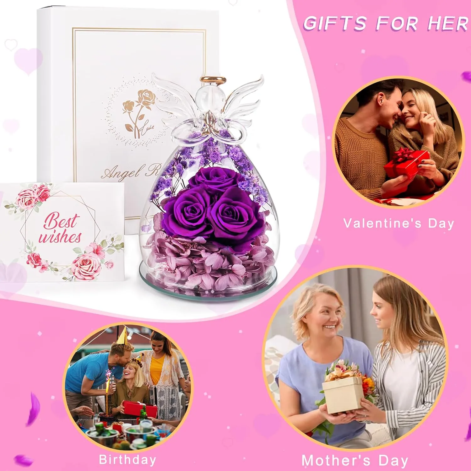 Beferr Mothers Day Birthday Gifts for Mom Fresh Flowers for Delivery Prime Forever Preserved Rose in Glass Angel Figurine Gifts for Women Purple Roses Gifts for Grandma Wife Daughter