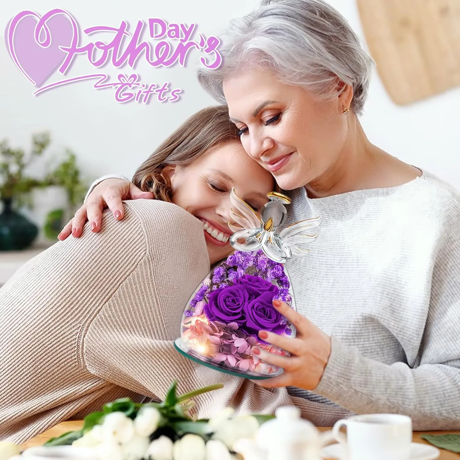 Beferr Mothers Day Birthday Gifts for Mom Fresh Flowers for Delivery Prime Forever Preserved Rose in Glass Angel Figurine Gifts for Women Purple Roses Gifts for Grandma Wife Daughter