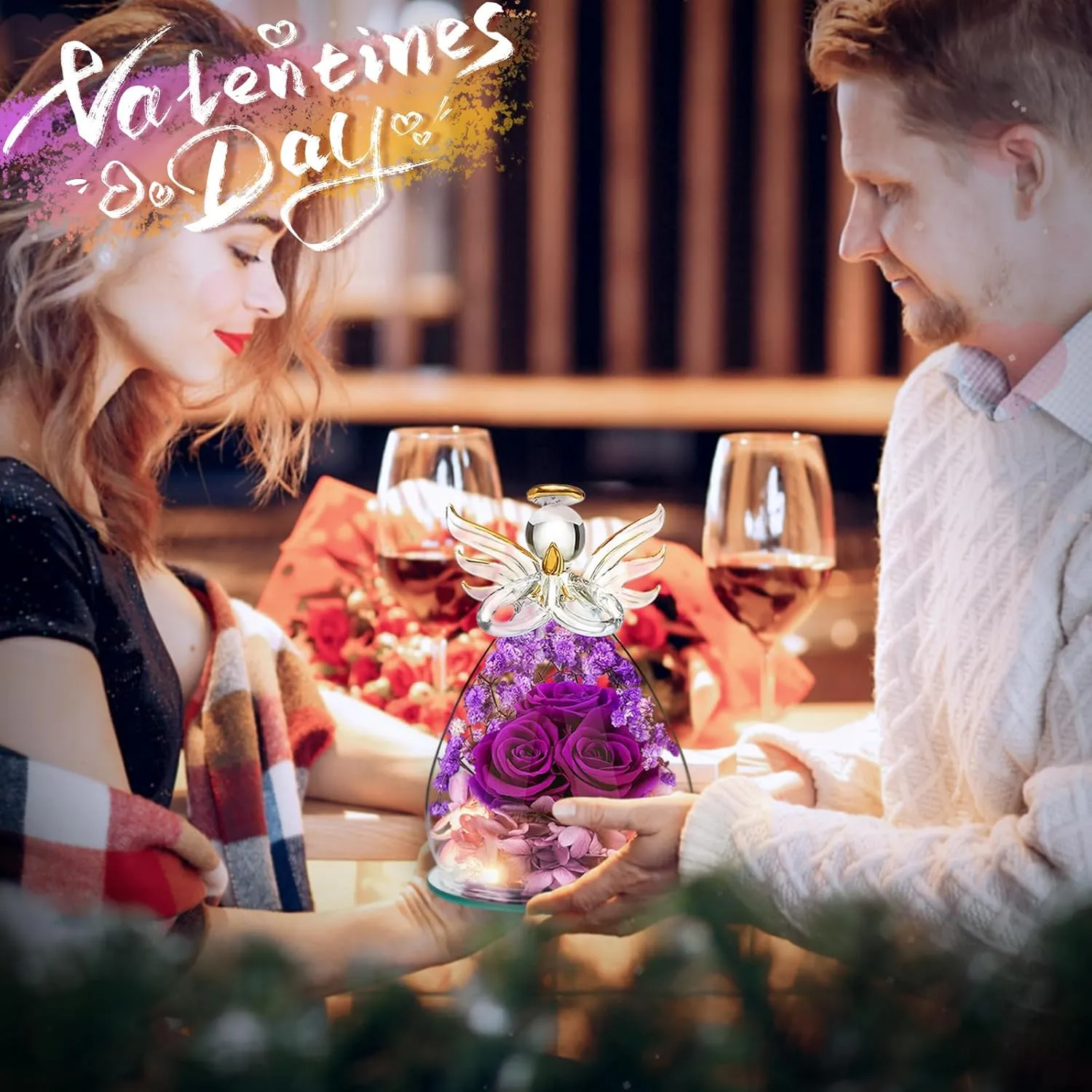 Beferr Mothers Day Birthday Gifts for Mom Fresh Flowers for Delivery Prime Forever Preserved Rose in Glass Angel Figurine Gifts for Women Purple Roses Gifts for Grandma Wife Daughter