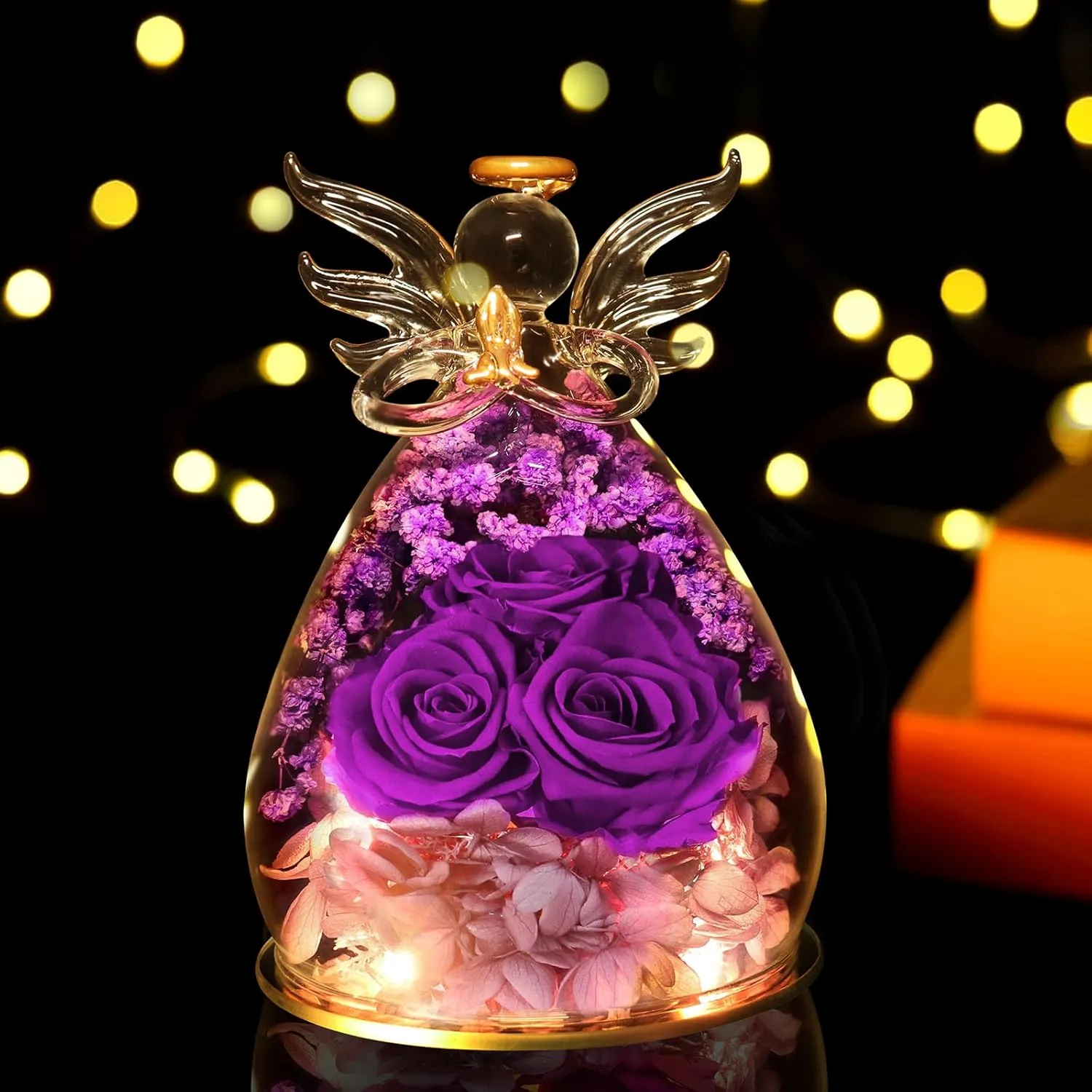 Beferr Mothers Day Birthday Gifts for Mom Fresh Flowers for Delivery Prime Forever Preserved Rose in Glass Angel Figurine Gifts for Women Purple Roses Gifts for Grandma Wife Daughter