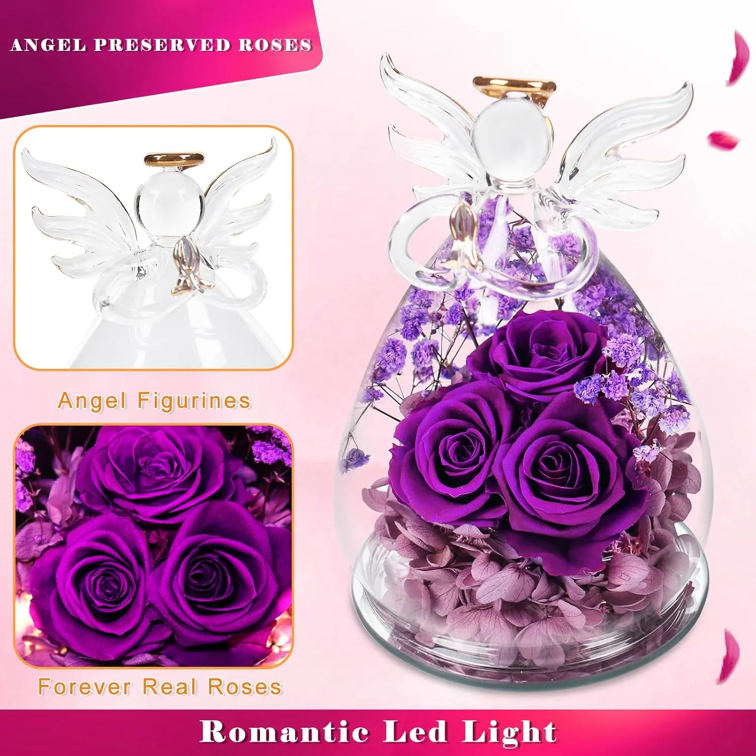Beferr Mothers Day Birthday Gifts for Mom Fresh Flowers for Delivery Prime Forever Preserved Rose in Glass Angel Figurine Gifts for Women Purple Roses Gifts for Grandma Wife Daughter
