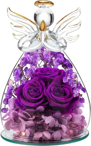 Beferr Mothers Day Birthday Gifts for Mom Fresh Flowers for Delivery Prime Forever Preserved Rose in Glass Angel Figurine Gifts for Women Purple Roses Gifts for Grandma Wife Daughter