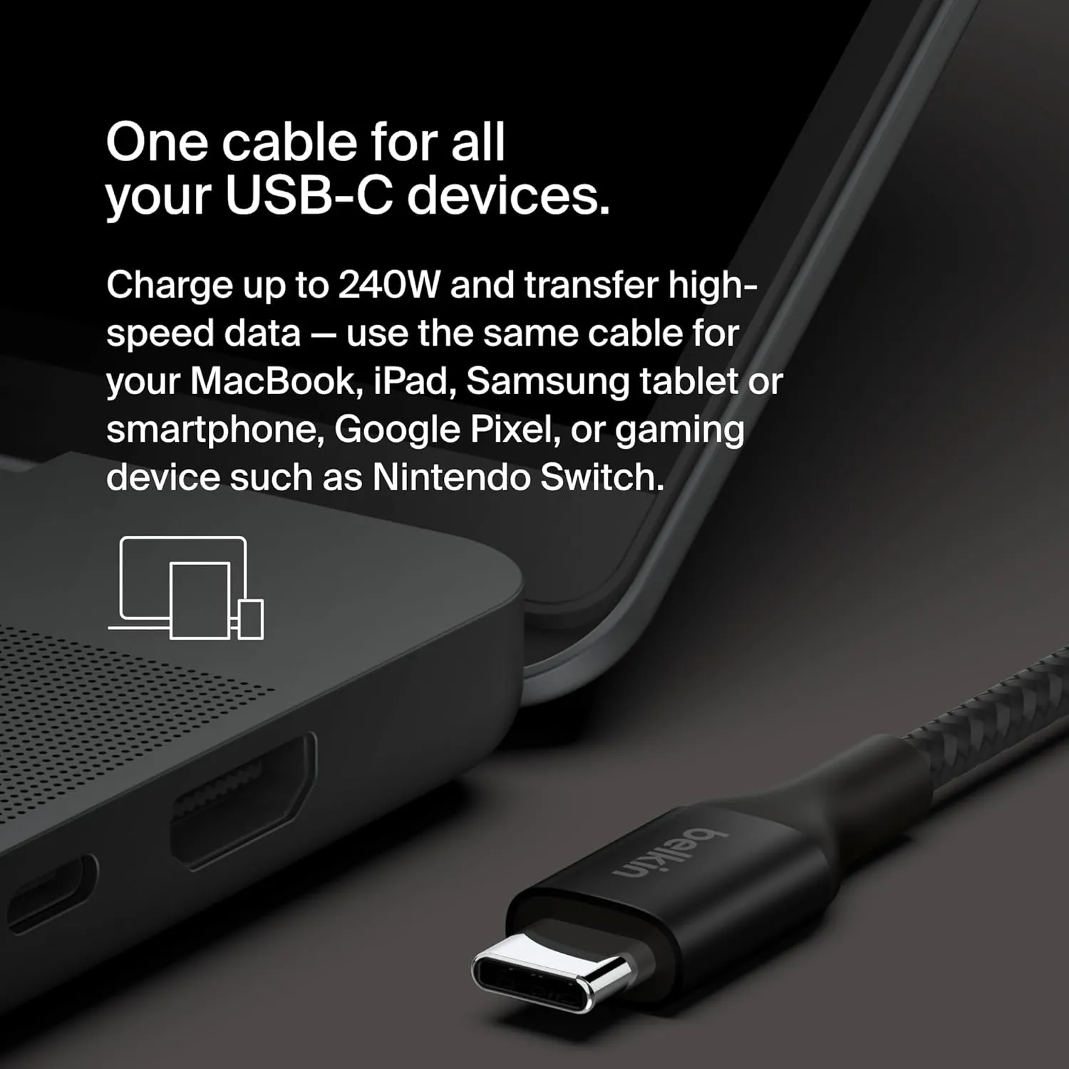 Belkin BoostCharge USB-C to USB-C Power Cable (2M/6.6ft) Fast Charging Cable 240W Power Delivery USB-IF for MacBook Pro, iPad, iPhone 16 Series, Galaxy S25 Series, Nintendo Switch 2 & More - Black