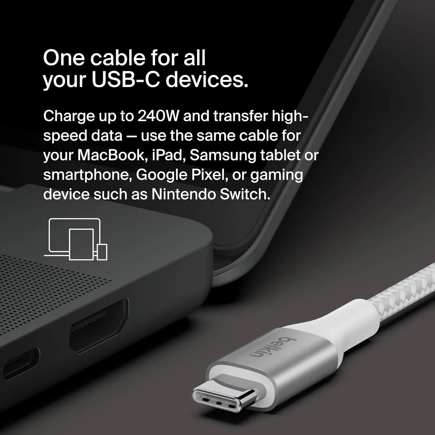 Belkin BoostCharge USB-C to USB-C Power Cable (2M/6.6ft) Fast Charging Cable 240W Power Delivery USB-IF for MacBook Pro, iPad, iPhone 16 Series, Galaxy S25 Series, Nintendo Switch 2 & More - White