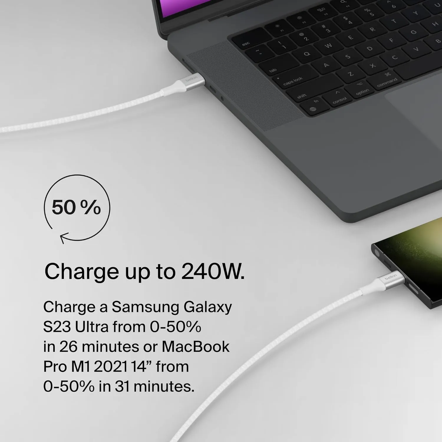 Belkin BoostCharge USB-C to USB-C Power Cable (2M/6.6ft) Fast Charging Cable 240W Power Delivery USB-IF for MacBook Pro, iPad, iPhone 16 Series, Galaxy S25 Series, Nintendo Switch 2 & More - White