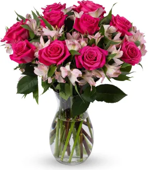 Benchmark Bouquets - Charming Roses & Alstroemeria (Glass Vase Included) - Fresh Flowers for Delivery - Gift for Mother’s Day, Birthday, Anniversary, Sympathy, Get Well, Congratulations