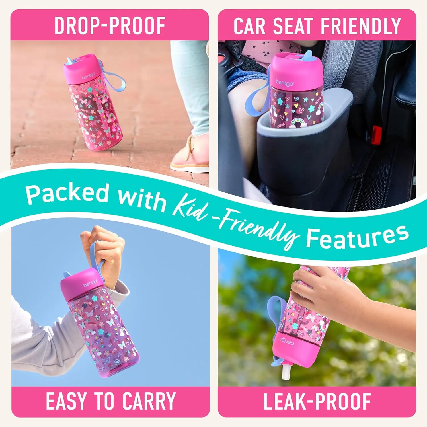 Bentgo Kids Water Bottle - Leak-Proof, Durable Tritan, BPA-Free 15 oz. Cup for Kids/Toddlers Ages 3 , Safe Sip Spout, Carrying Handle, & Dishwasher Safe for School & Sports (Rainbows & Butterflies)