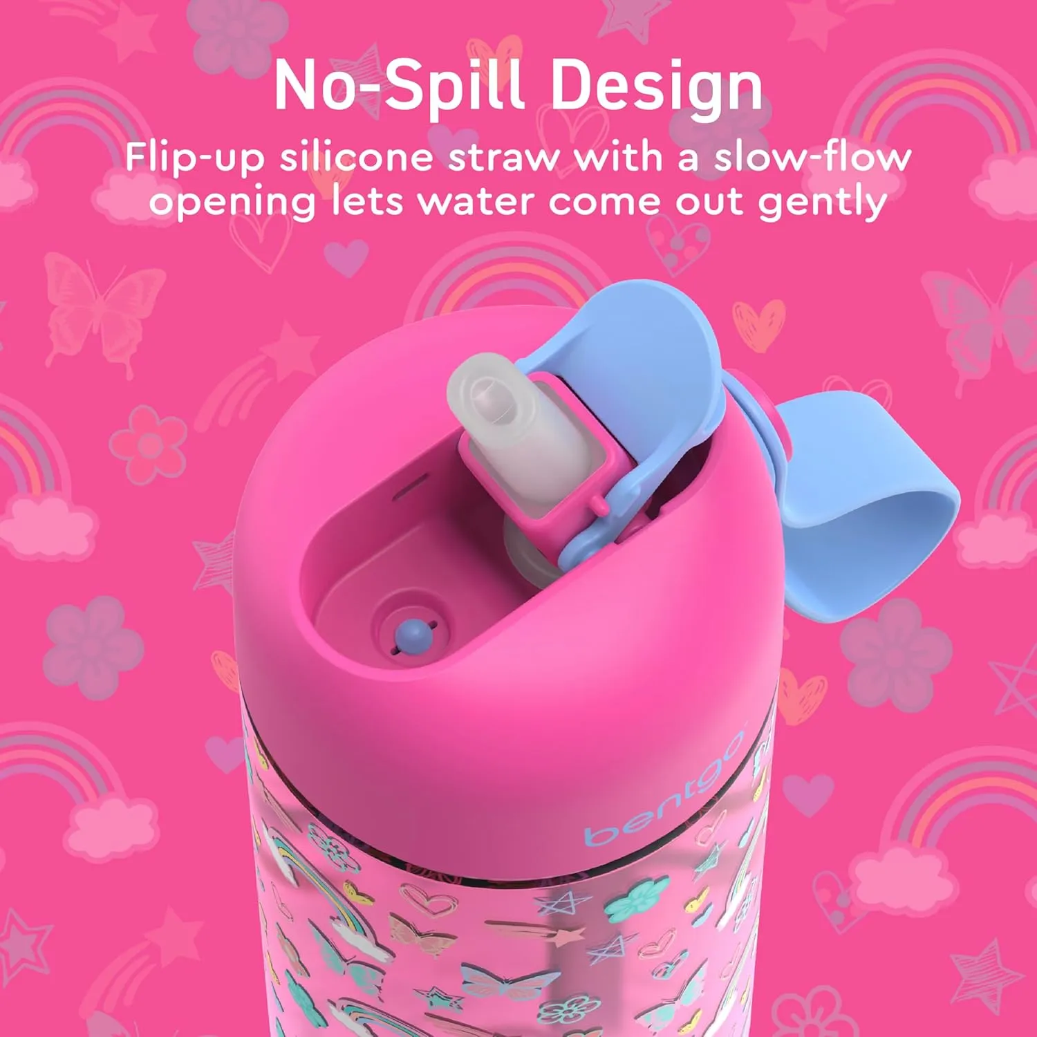 Bentgo Kids Water Bottle - Leak-Proof, Durable Tritan, BPA-Free 15 oz. Cup for Kids/Toddlers Ages 3 , Safe Sip Spout, Carrying Handle, & Dishwasher Safe for School & Sports (Rainbows & Butterflies)