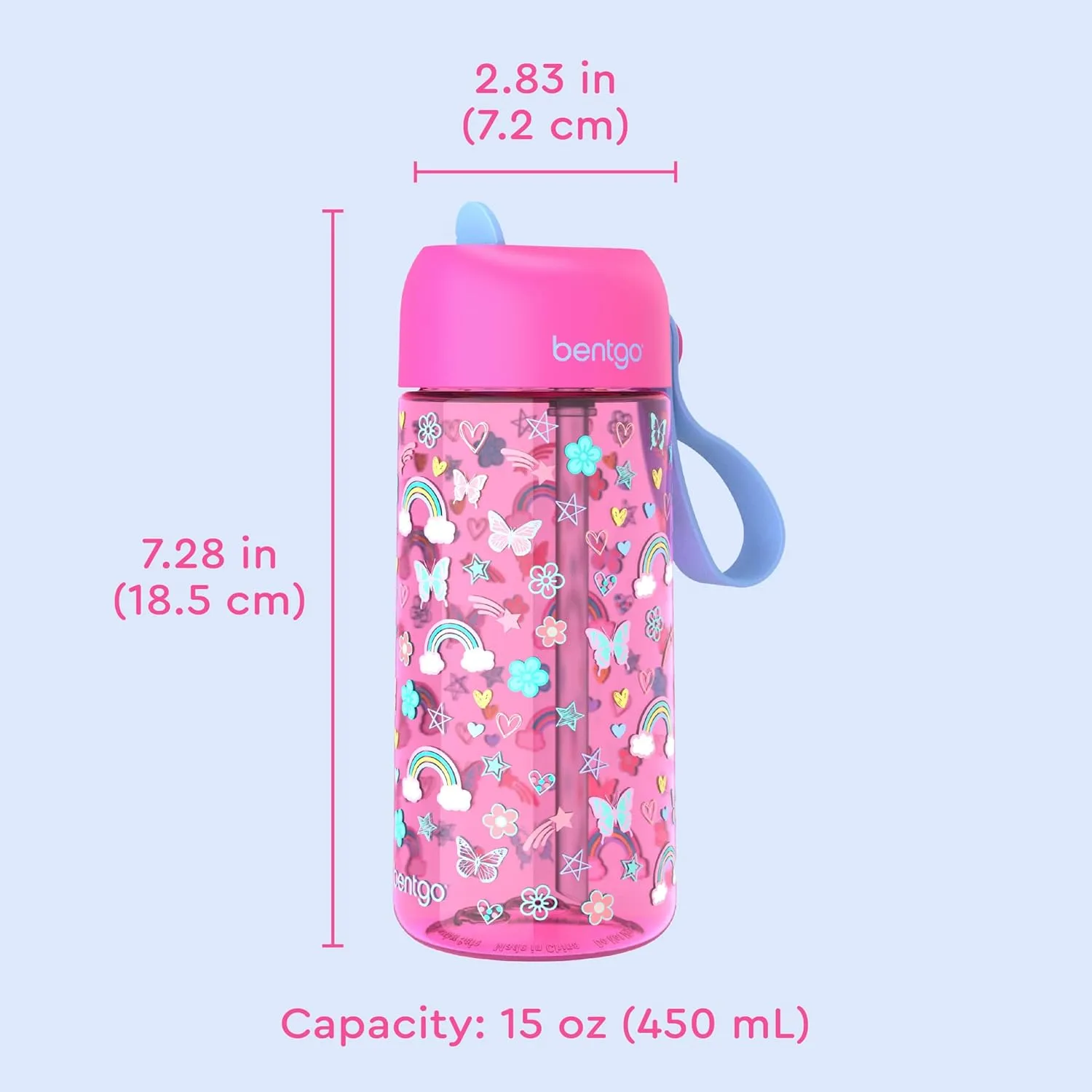 Bentgo Kids Water Bottle - Leak-Proof, Durable Tritan, BPA-Free 15 oz. Cup for Kids/Toddlers Ages 3 , Safe Sip Spout, Carrying Handle, & Dishwasher Safe for School & Sports (Rainbows & Butterflies)