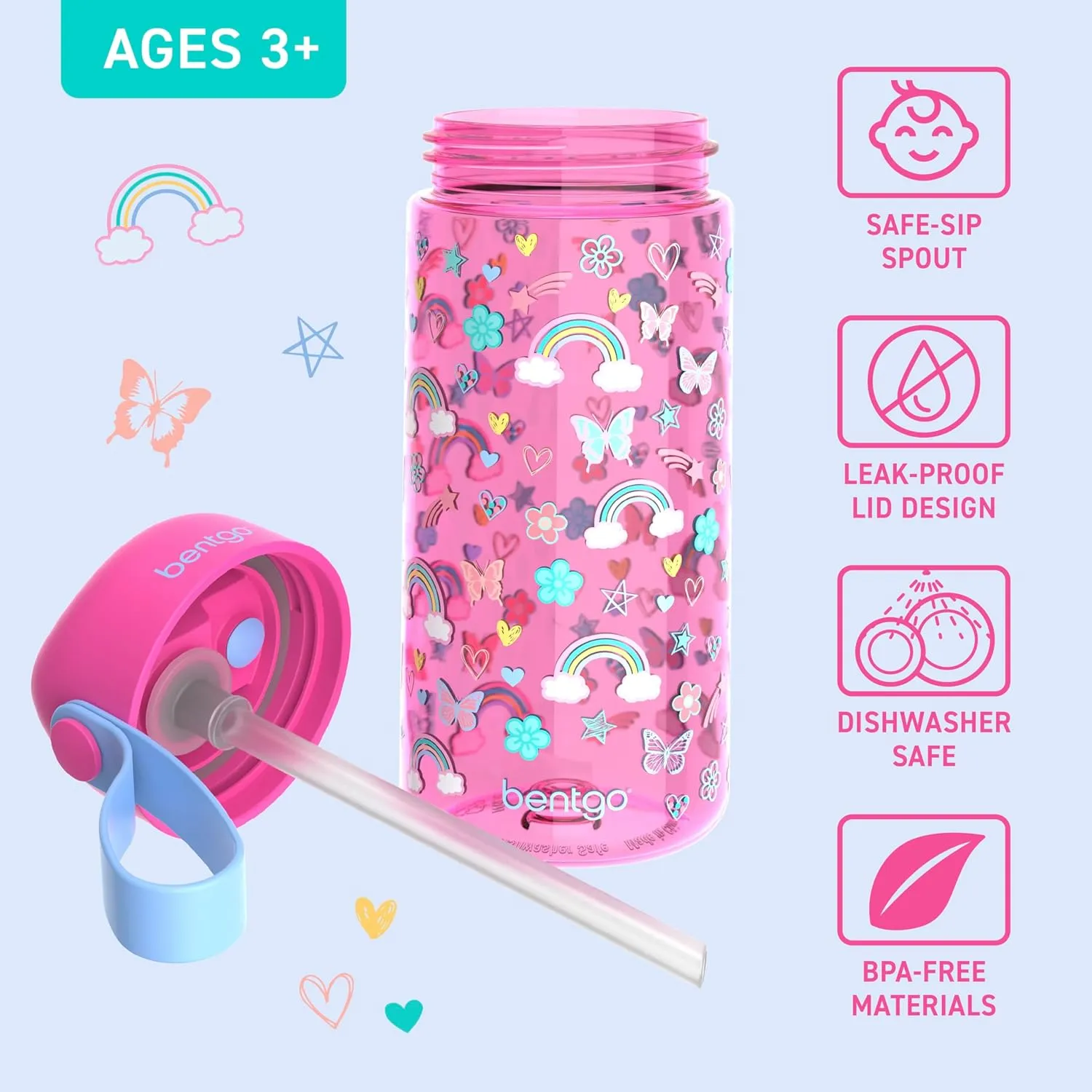 Bentgo Kids Water Bottle - Leak-Proof, Durable Tritan, BPA-Free 15 oz. Cup for Kids/Toddlers Ages 3 , Safe Sip Spout, Carrying Handle, & Dishwasher Safe for School & Sports (Rainbows & Butterflies)