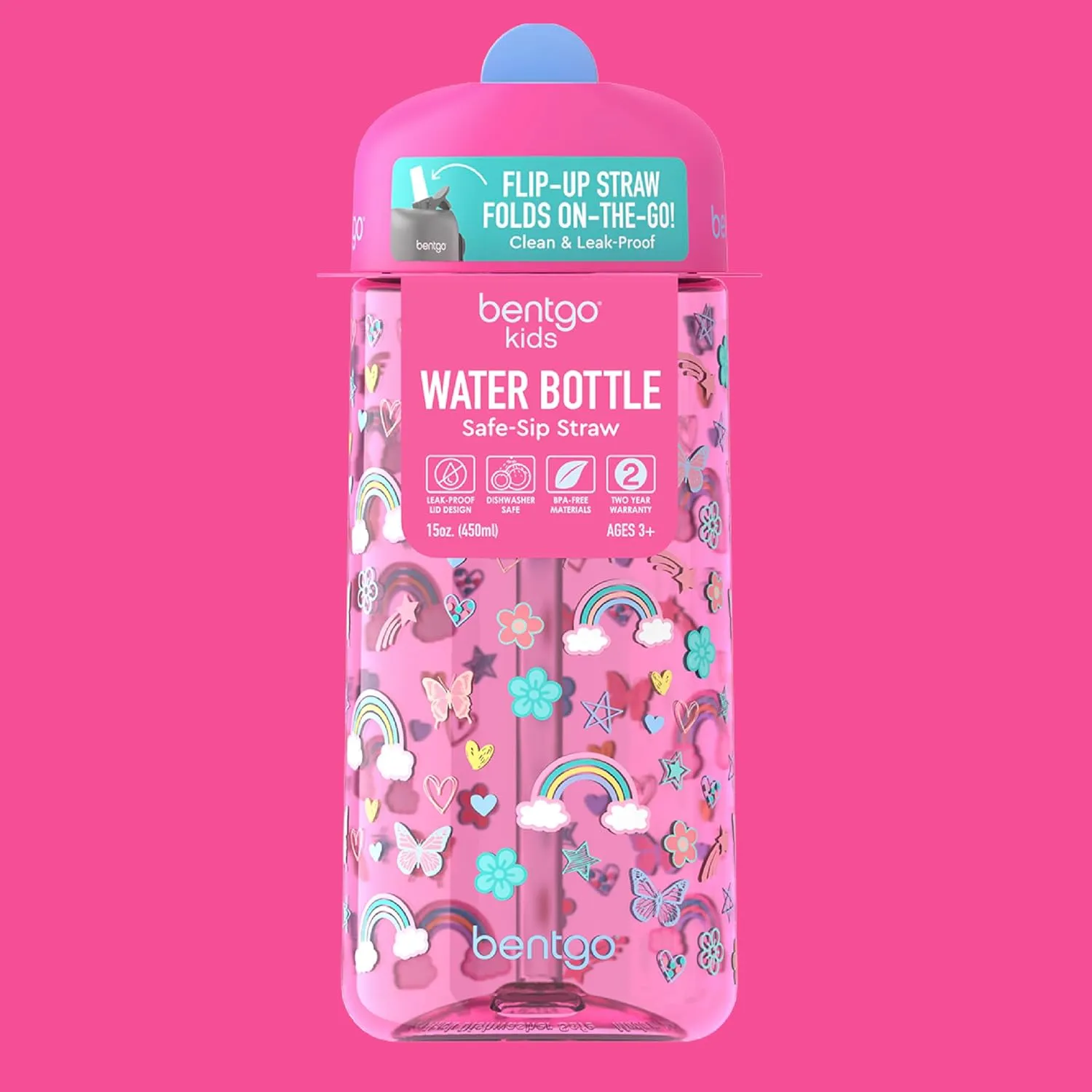 Bentgo Kids Water Bottle - Leak-Proof, Durable Tritan, BPA-Free 15 oz. Cup for Kids/Toddlers Ages 3 , Safe Sip Spout, Carrying Handle, & Dishwasher Safe for School & Sports (Rainbows & Butterflies)
