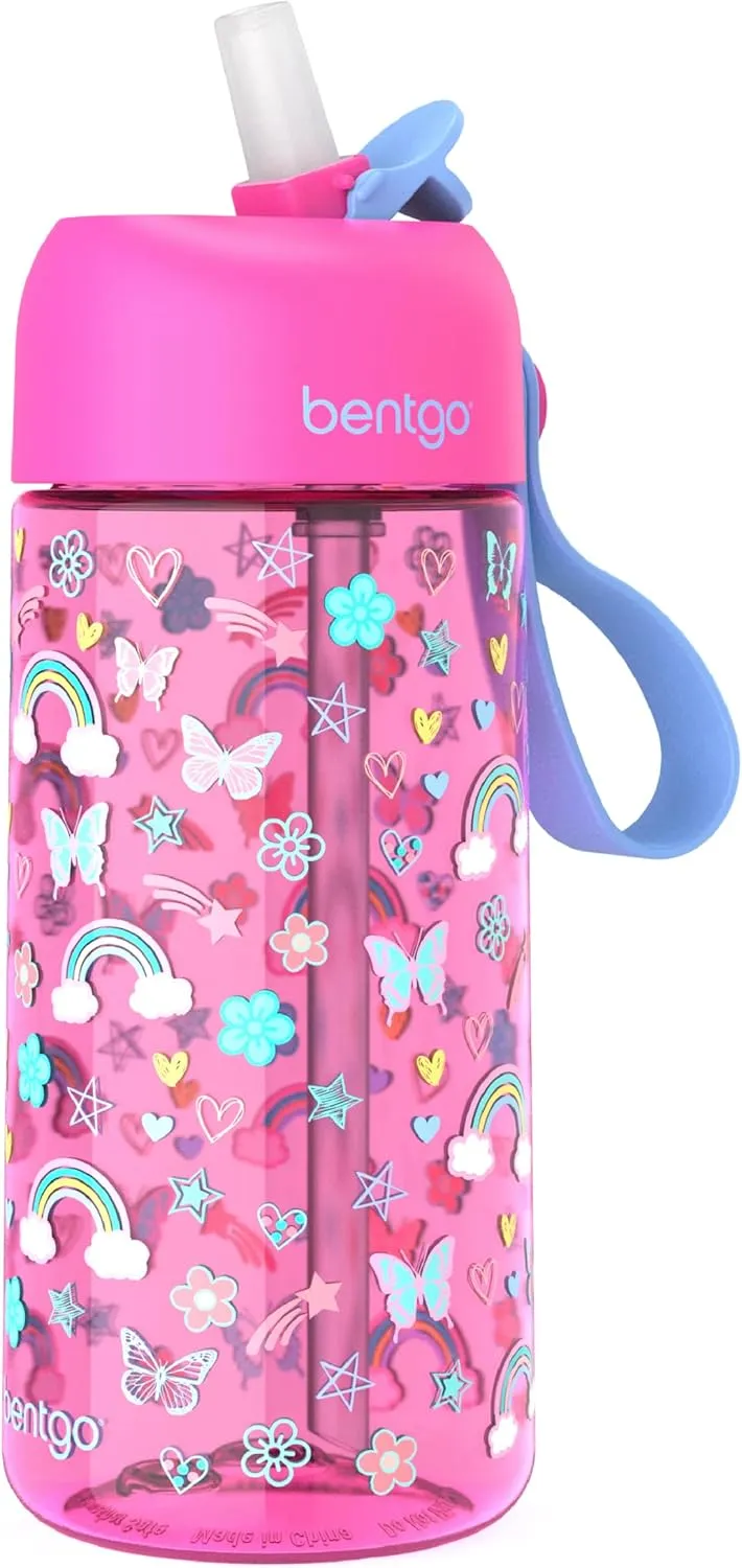Bentgo Kids Water Bottle - Leak-Proof, Durable Tritan, BPA-Free 15 oz. Cup for Kids/Toddlers Ages 3 , Safe Sip Spout, Carrying Handle, & Dishwasher Safe for School & Sports (Rainbows & Butterflies)