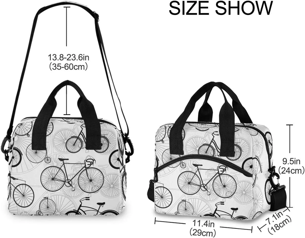Bicycle Bike Print Lunch Bag with Detachable Shoulder Strap for Work Beach Picnic