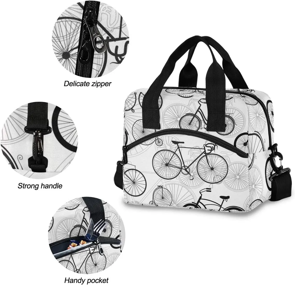 Bicycle Bike Print Lunch Bag with Detachable Shoulder Strap for Work Beach Picnic