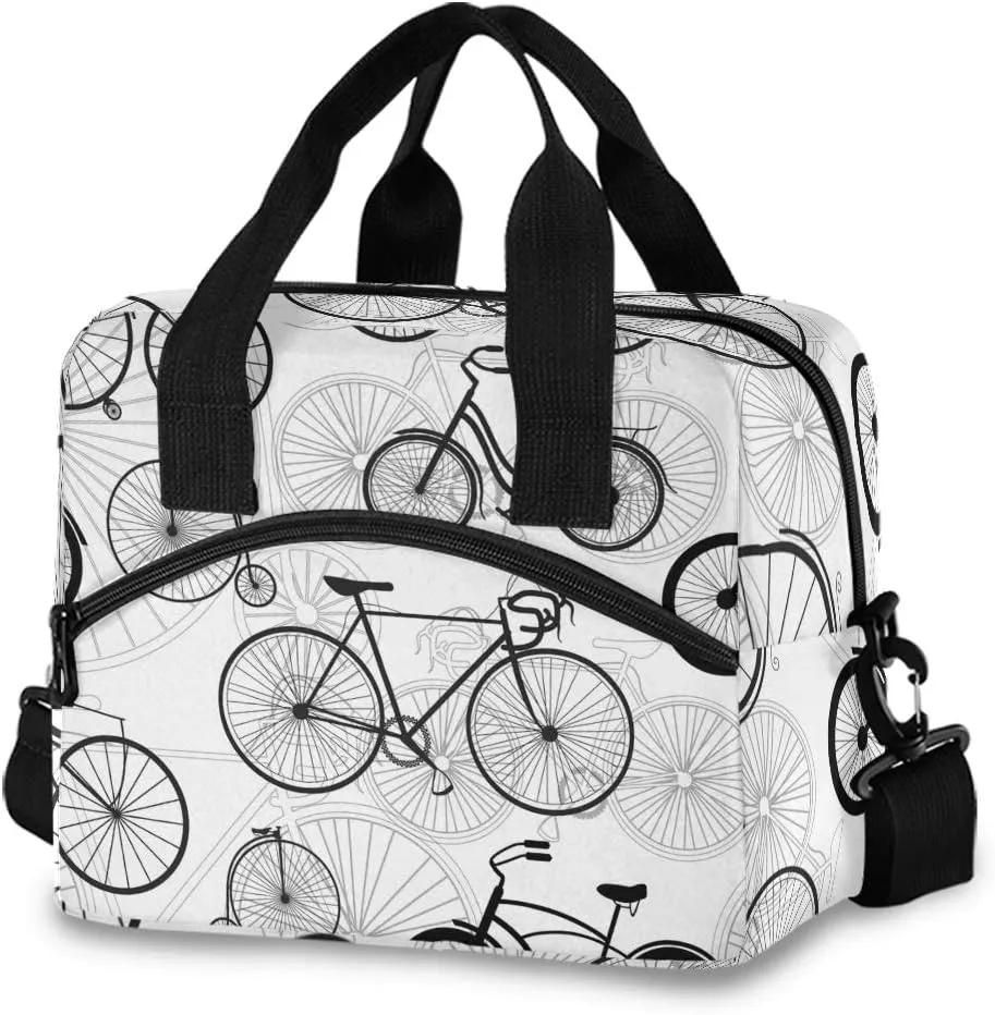 Bicycle Bike Print Lunch Bag with Detachable Shoulder Strap for Work Beach Picnic