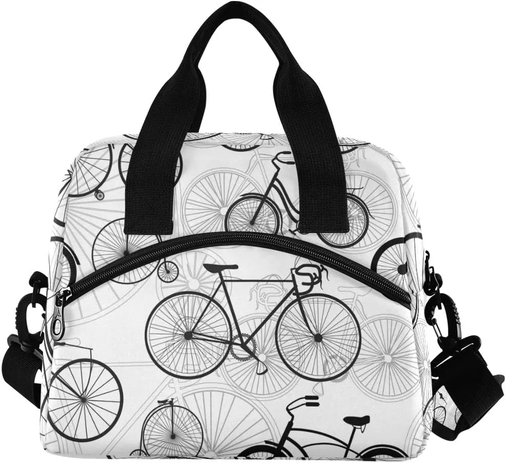 Bicycle Bike Print Lunch Bag with Detachable Shoulder Strap for Work Beach Picnic