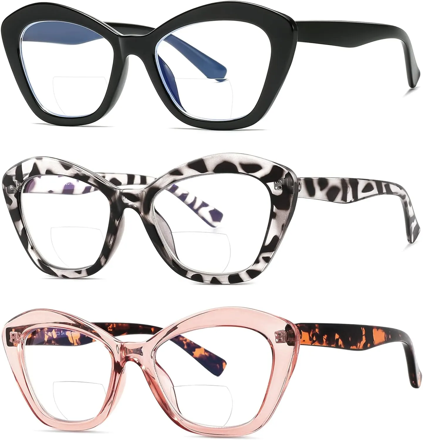Bifocal Reading Glasses for Women Designer Cat Eye Oversized Frame Blue Light Blocking Readers Oprah Stylish Eyewear 2 Pack